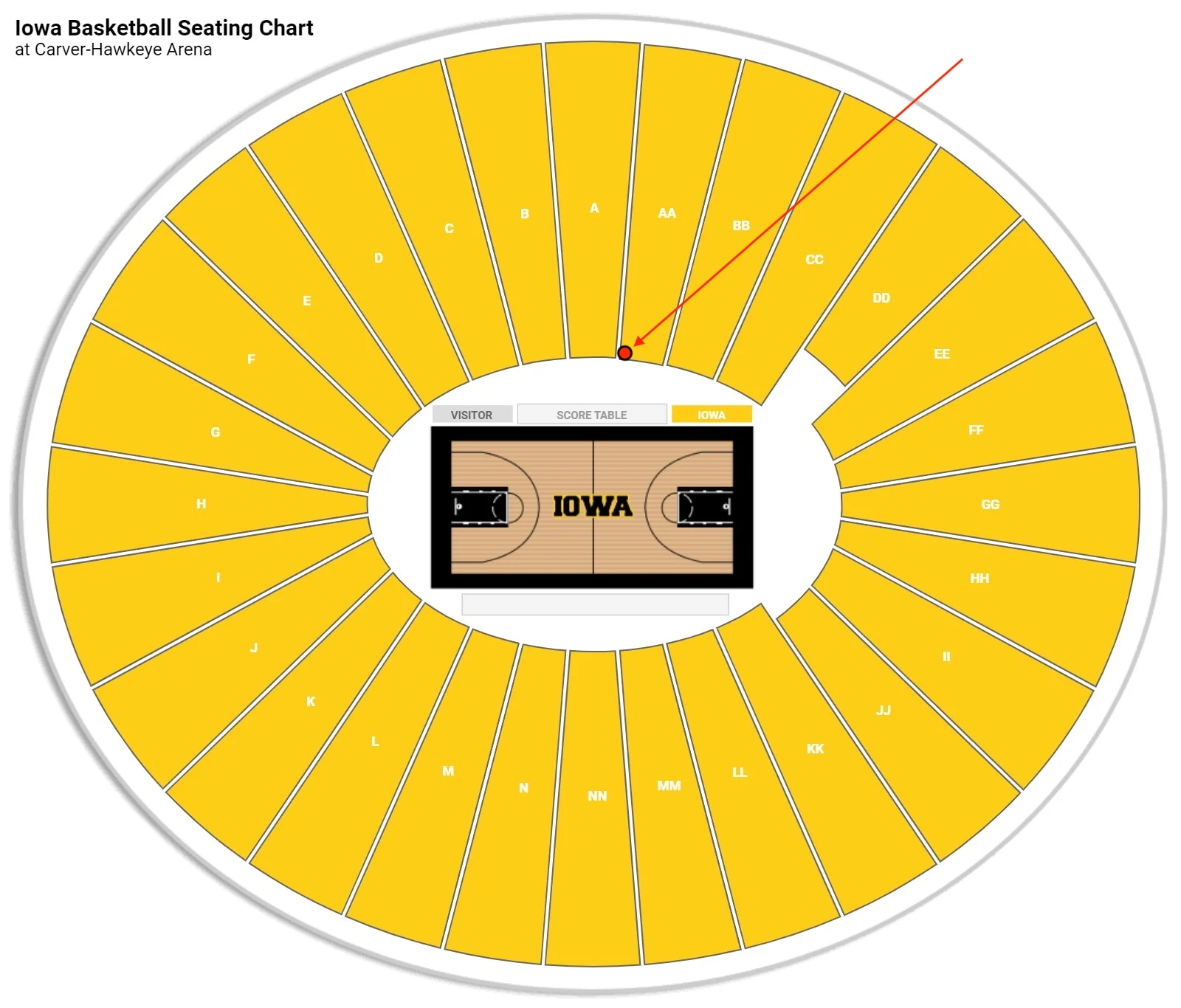 Carver-Hawkeye Arena seating chart showing Section AA