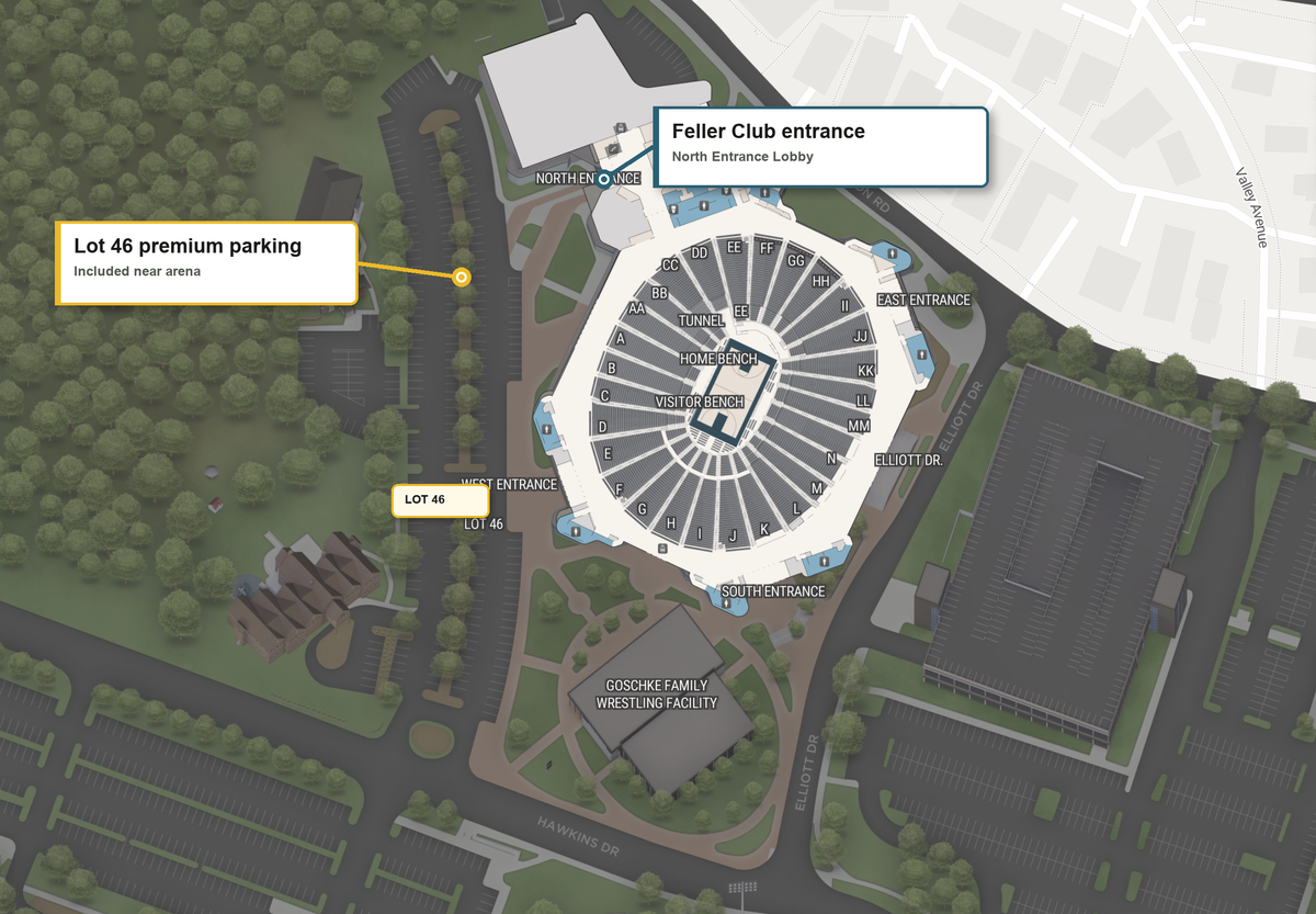 Map showing the Feller Club entrance and Lot 46 premium parking area at Carver-Hawkeye Arena