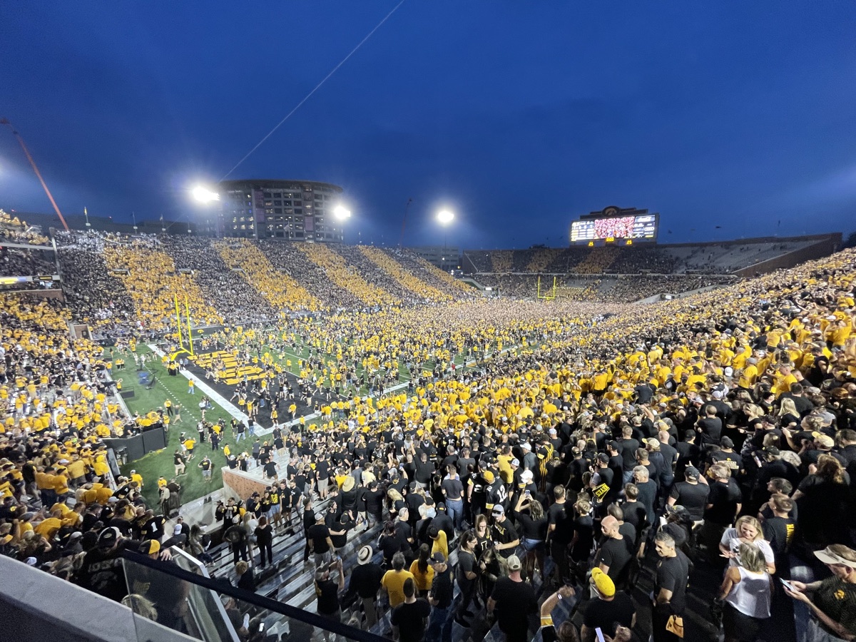 Night game crowd at Kinnick Stadium from Iowa football seats