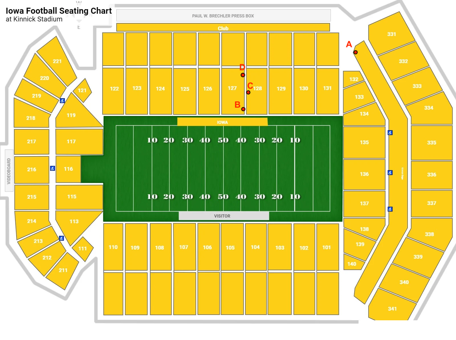 Iowa football seating chart showing Kinnick Stadium seat locations A through D