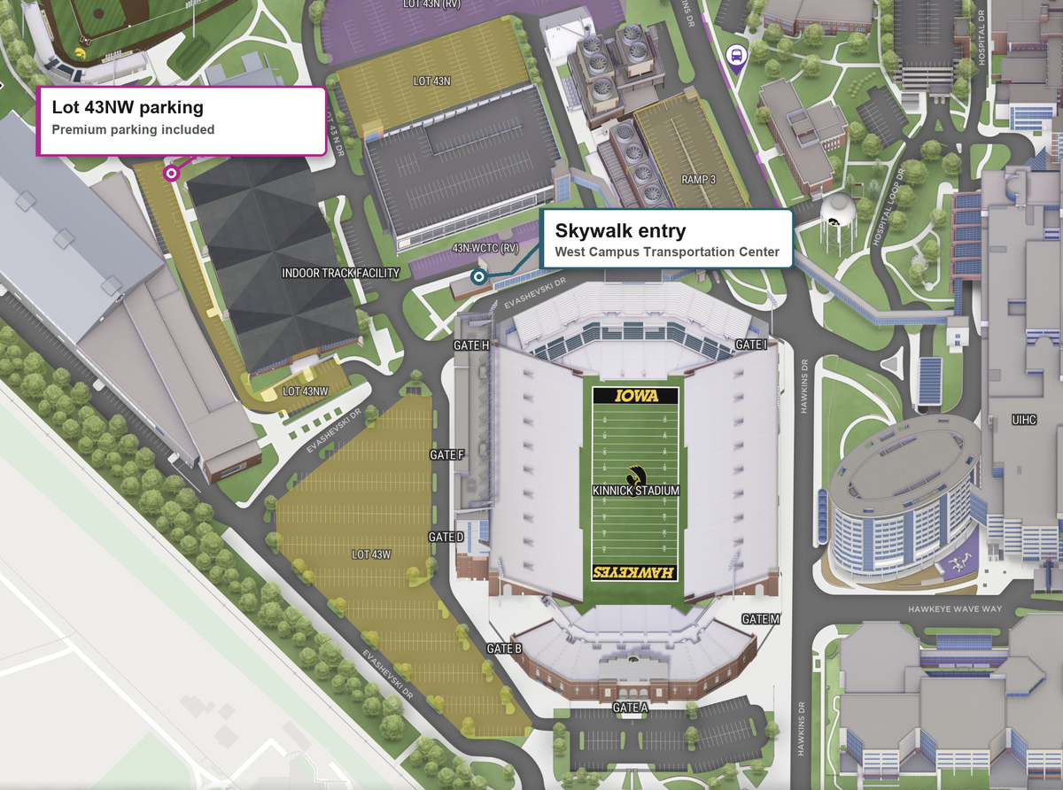 Map showing Kinnick Stadium, Lot 43NW premium parking, and the Skywalk entry from the West Campus Transportation Center